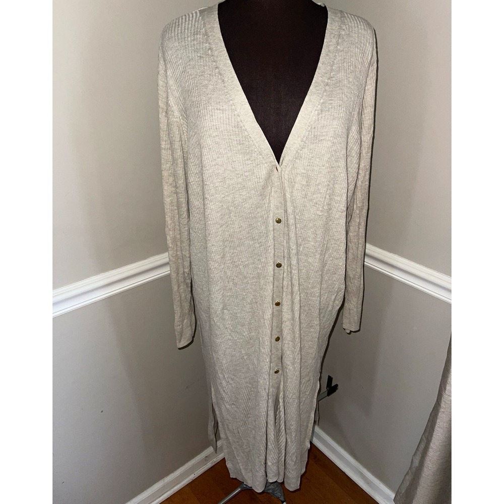 H&M Womens 3XL Beige V-Neck Rib Knit Gold Button Cardigan Duster Sweater Dress